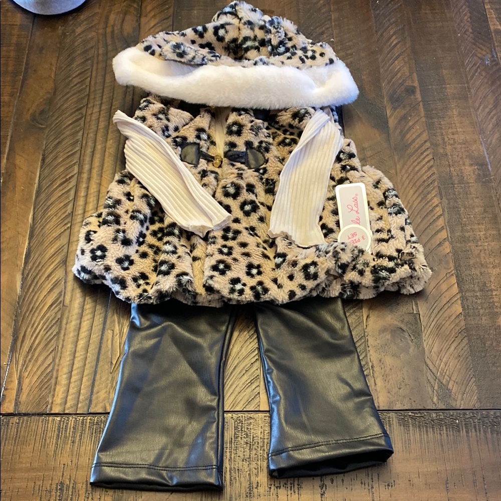 Leopard Print Faux Fur Coat and Black Pants Set
